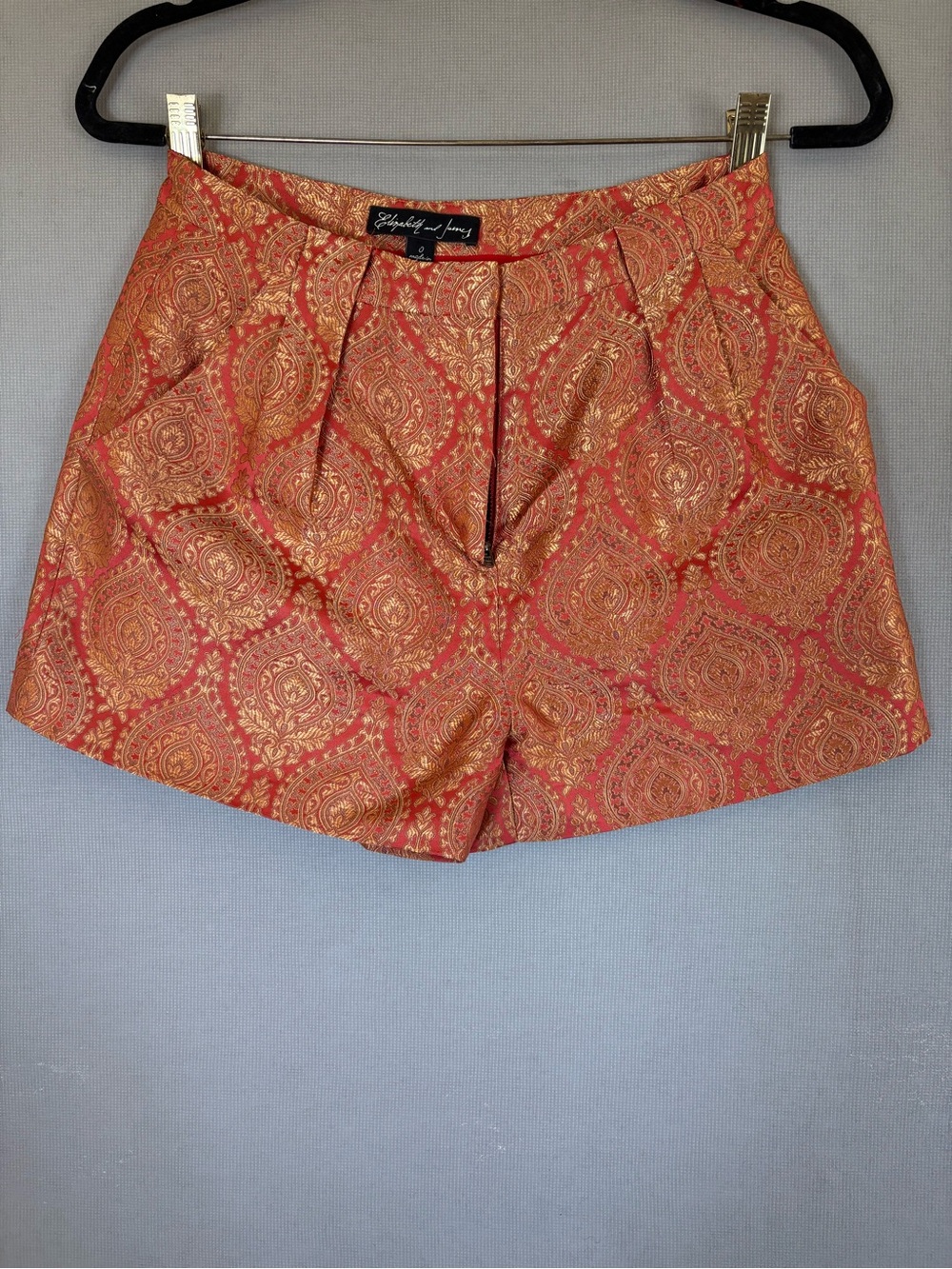 Elizabeth and James Red and Gold Brocade High-Waist Shorts